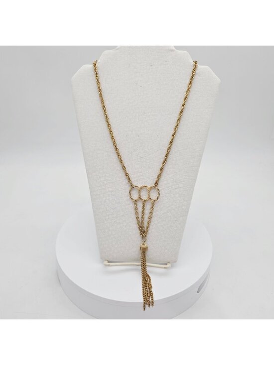 Unbranded Jewelry - Gold-Tone Chain Necklace Triple Oval Rings & Tassel Pendant Lobster Clasp 20"